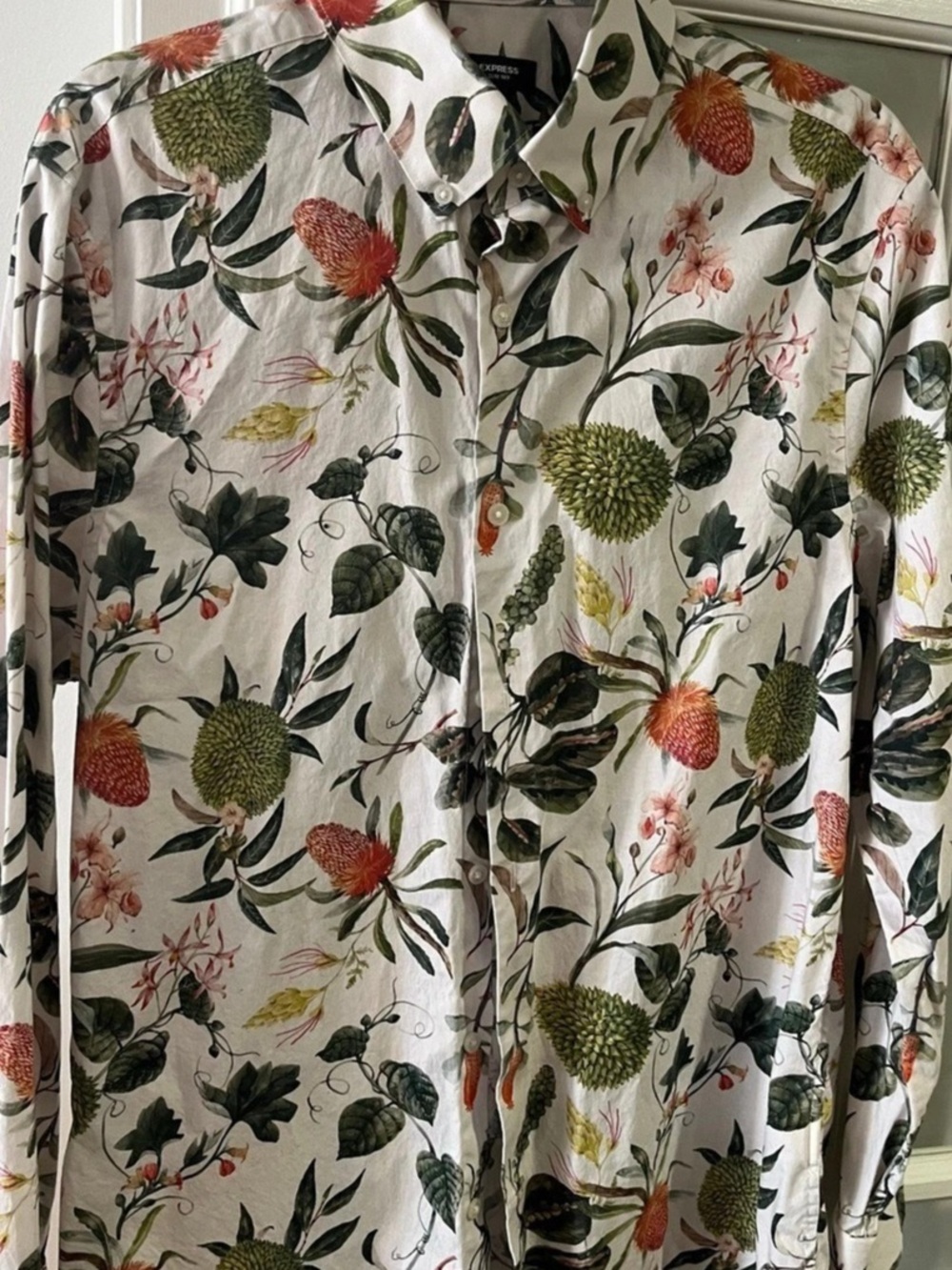 Express Floral Button Down Shirt White & Green Medium